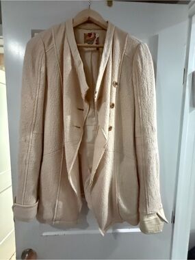 Free People Cream Textured Raw Hem Blazer Jacket Boho Ivory M